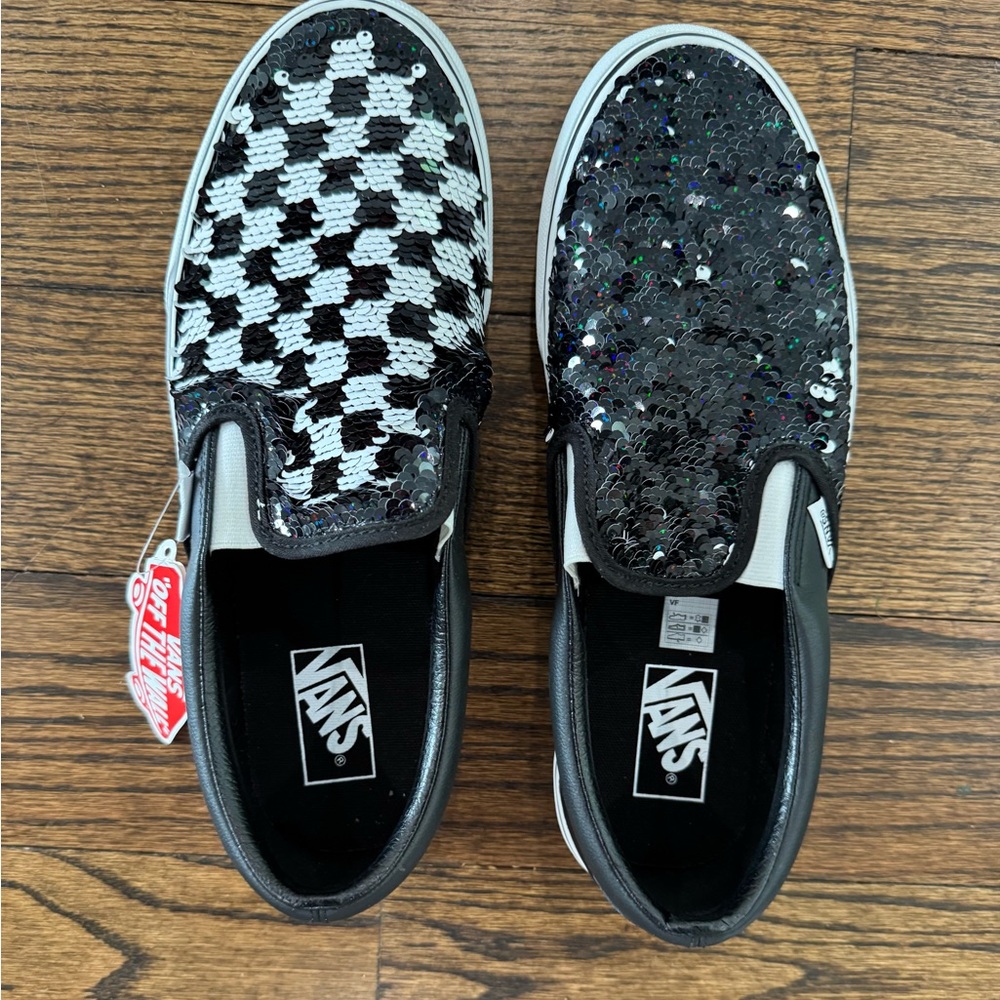 Vans Black and White Flip Over Sequin Slip-Ons